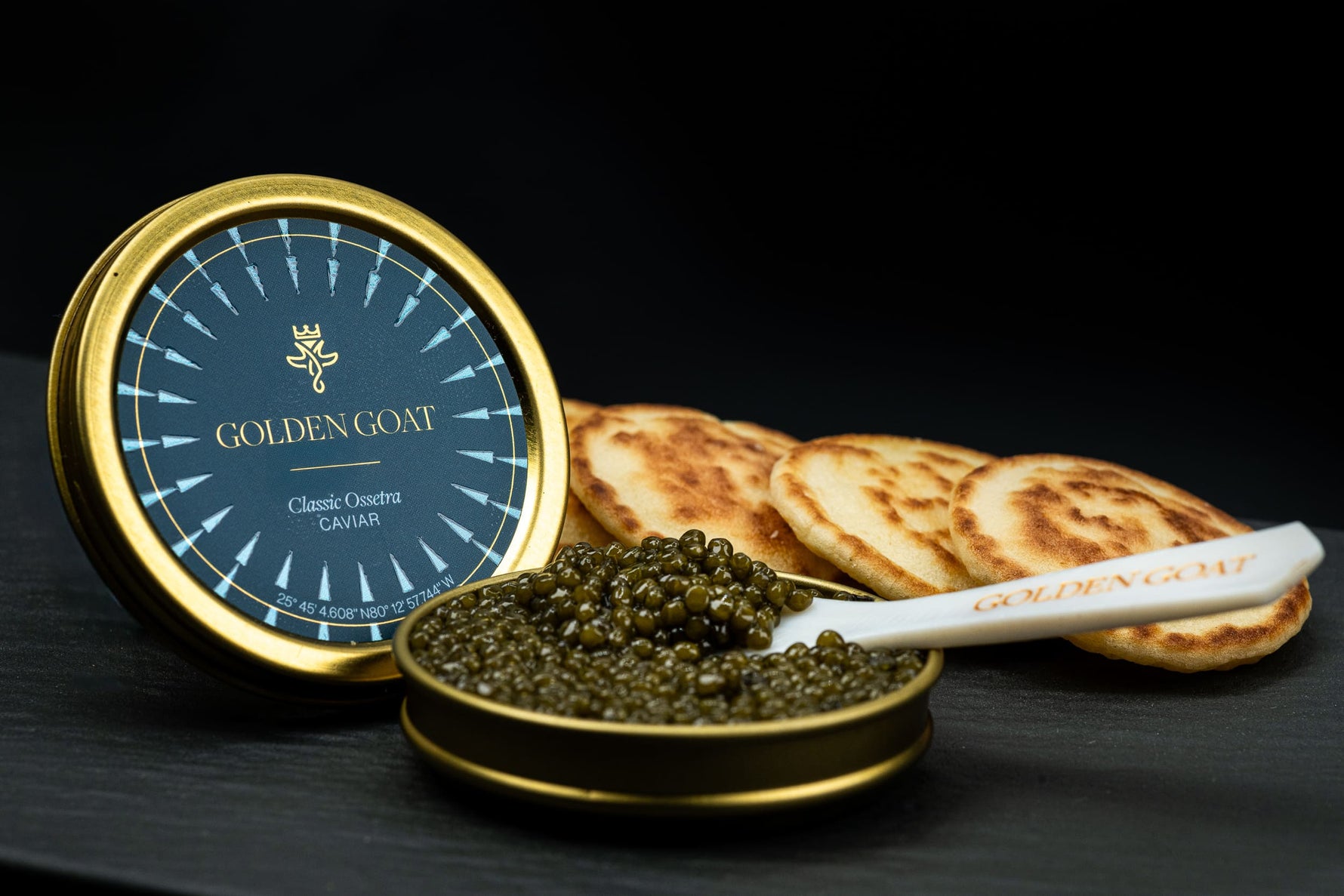 Caviar with Golden Goat branding on a black background