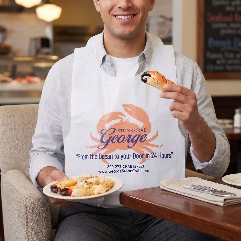 Image of Complimentary George Stone Crab Bib Pack (Set of 2) - Man wearing a George Stone Crab bib, eating stone crab claws