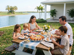 Family of five enjoying a meal outdoors by a lake with a house and palm trees in the background.